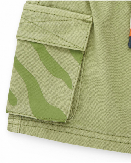 Green twill bermuda shorts for boys with cargo pockets and adjustable drawstring