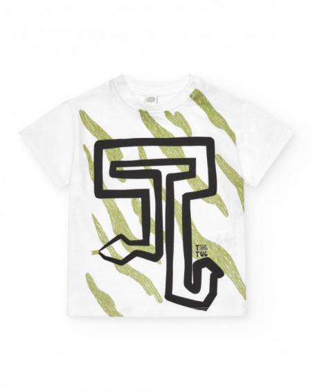 White T-shirt for boys with green and black print and letters