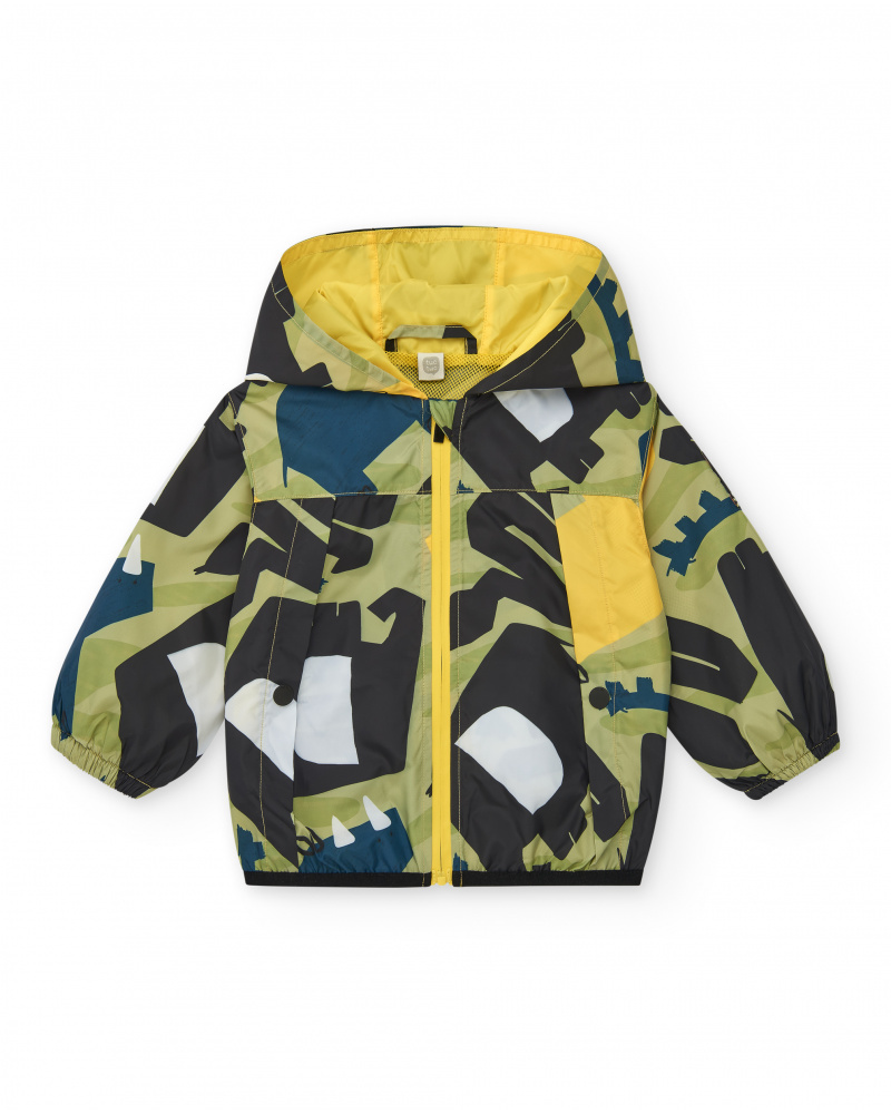 Green windbreaker for boys with dinosaur print and hood