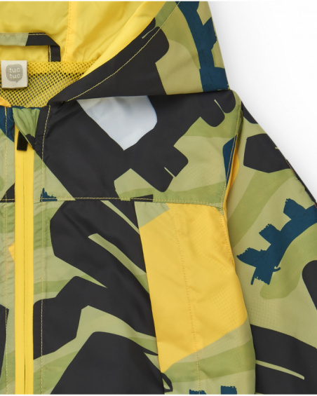 Green windbreaker for boys with dinosaur print and hood