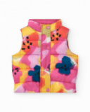 Padded vest for girls with floral print in pink, yellow, and blue