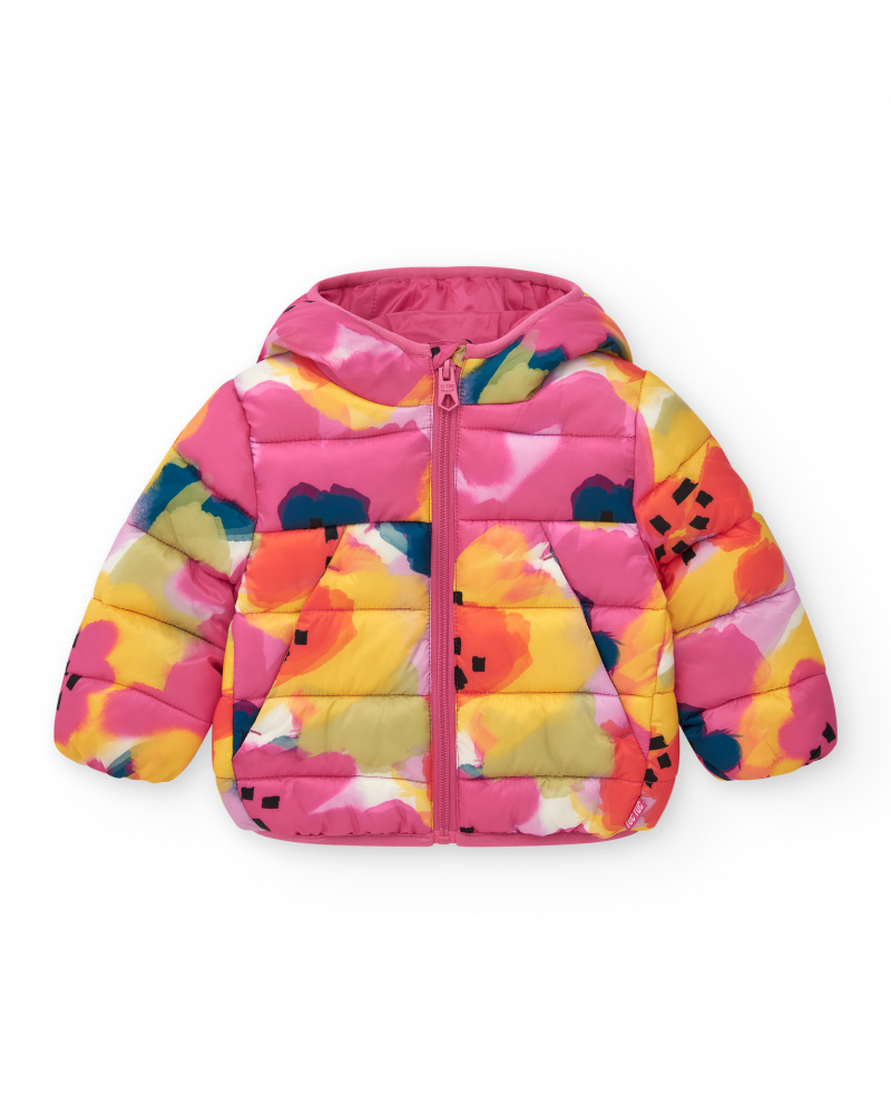 Pink padded jacket for girls with floral print and hood