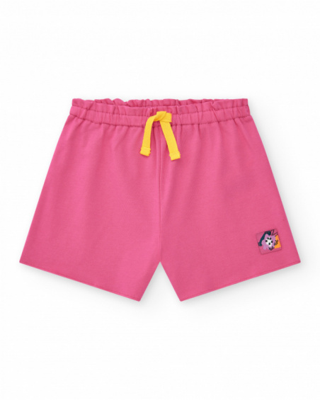 Pink shorts for girls with yellow drawstring and patch