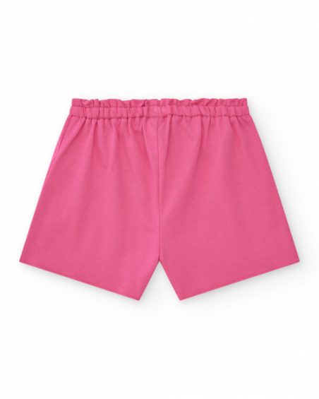 Pink shorts for girls with yellow drawstring and patch