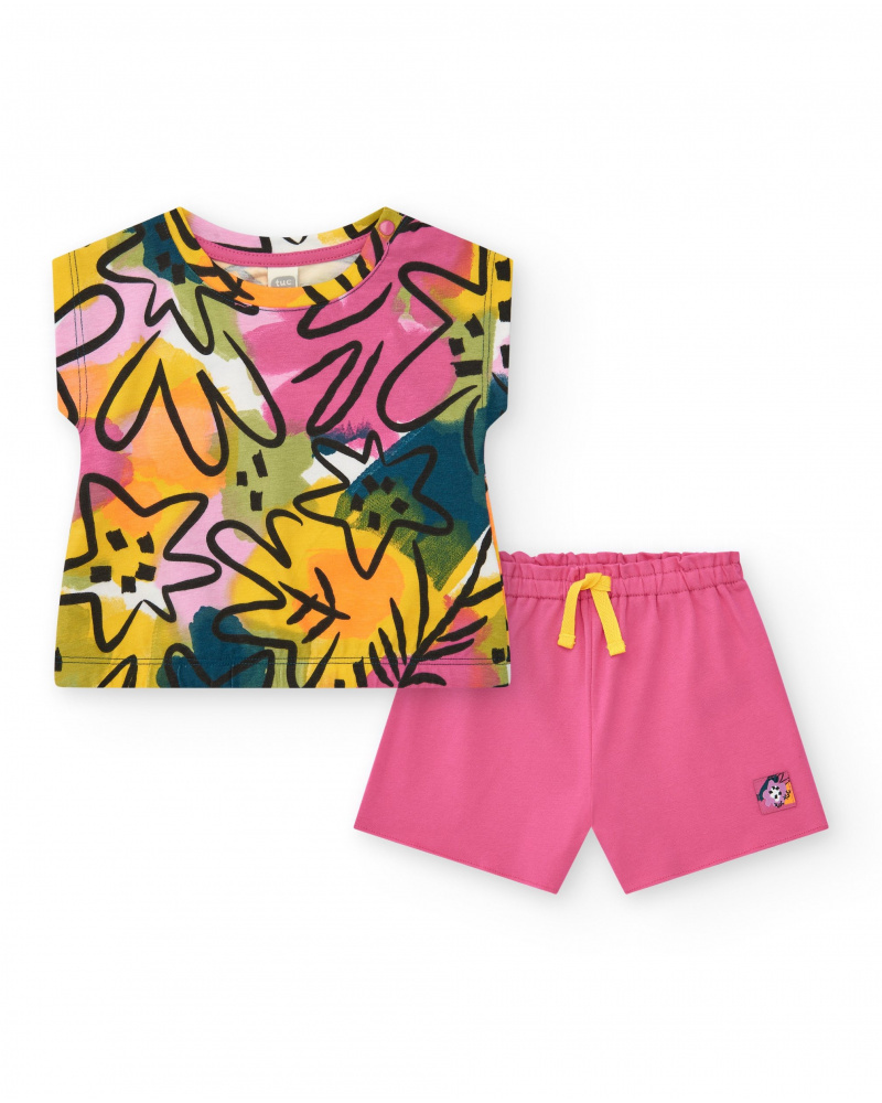 Girls' outfit with floral T-shirt and pink shorts