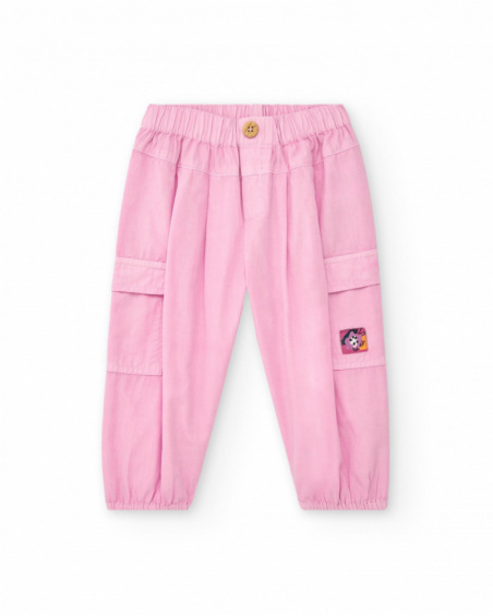 Pink cargo pants for girls with pockets and elastic cuffs