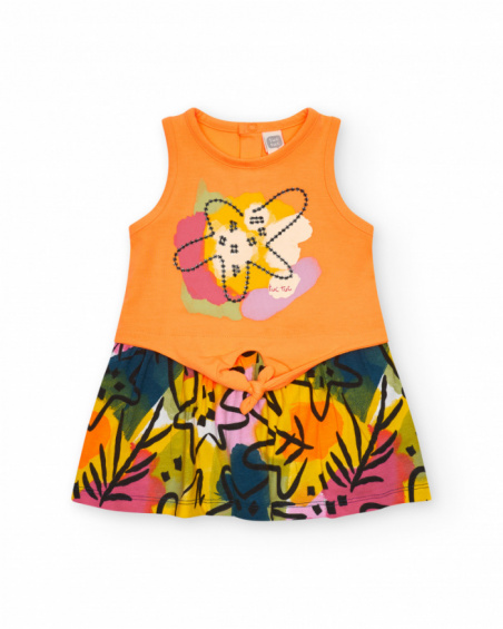 Sleeveless dress for girls with orange top and printed skirt