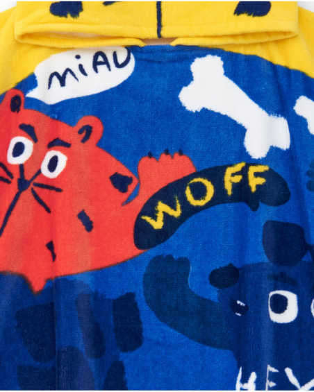Blue and yellow poncho towel for boys with hood and ears