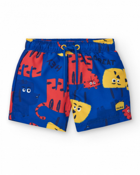 Blue swim bermuda shorts for boys with animals and adjustable waistband
