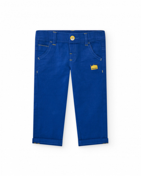 Blue pants for boys with pockets and yellow stitching