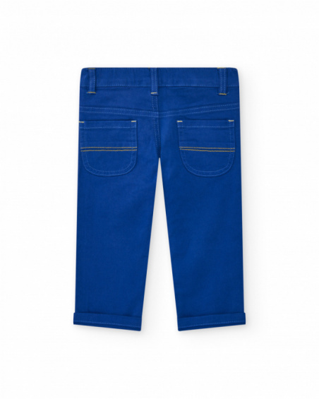 Blue pants for boys with pockets and yellow stitching