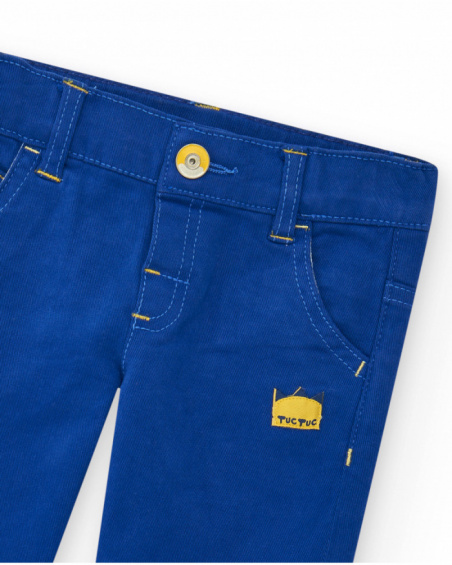Blue pants for boys with pockets and yellow stitching