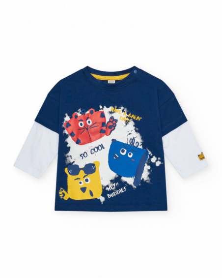 Navy blue T-shirt for boys with white sleeves and patch
