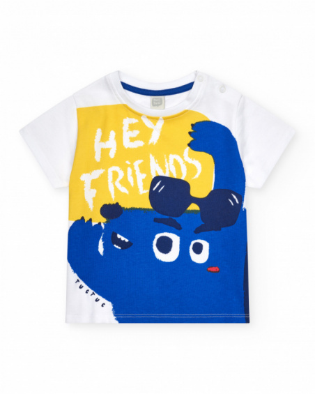 White and yellow T-shirt for boys with message "Hey Friends" White and yellow T-shirt for boys with message "Hey Friends"
