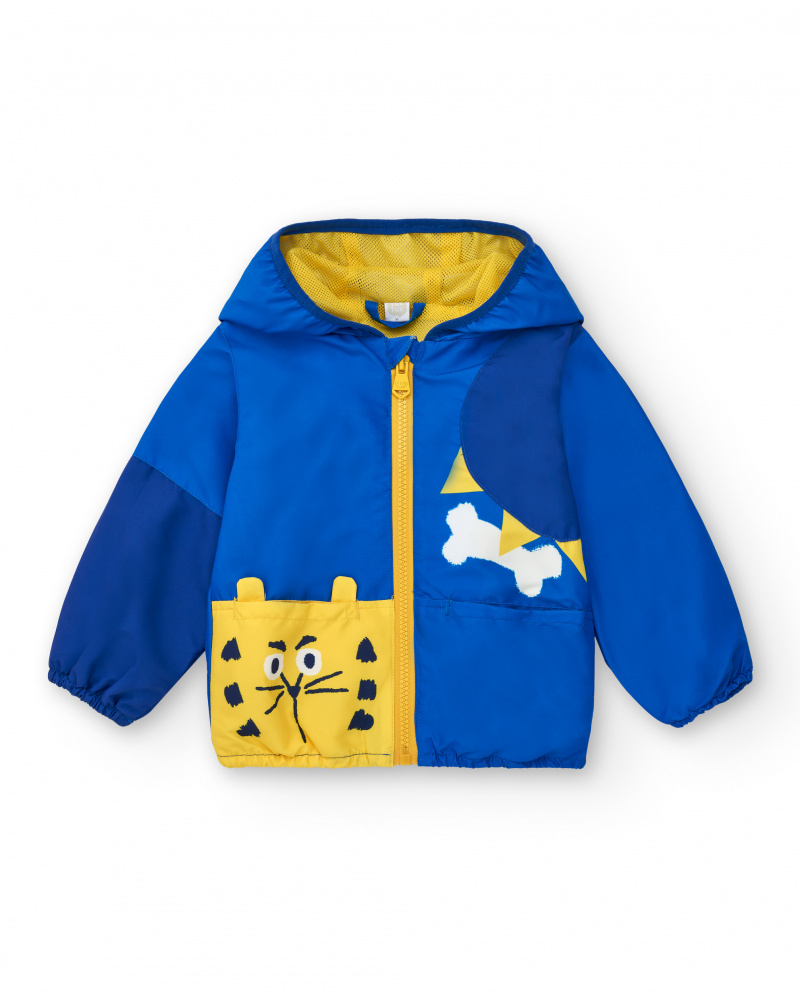 Blue and yellow windbreaker for boys with hood and animal print