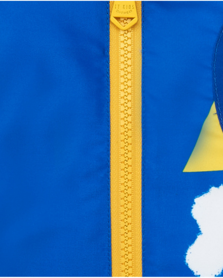 Blue and yellow windbreaker for boys with hood and animal print
