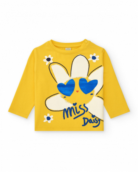 Yellow long-sleeved T-shirt for girls with flower print