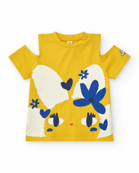 Yellow T-shirt for girls with flowers and open sleeves