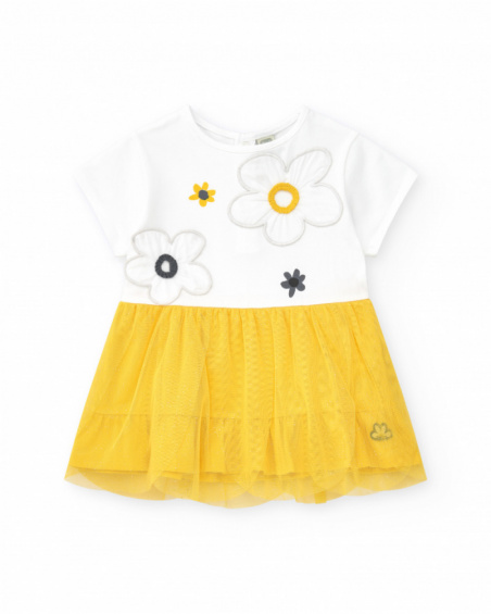 White and yellow dress for girls with flowers and tulle skirt