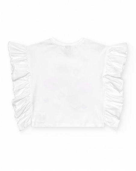 White knitted T-shirt for girls with ruffles and embroidered flower