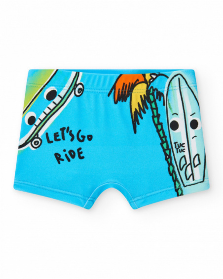 Blue swim boxer for boys with scooter and phrase "Let's Go Ride"