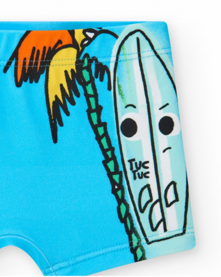 Blue swim boxer for boys with scooter and phrase "Let's Go Ride"