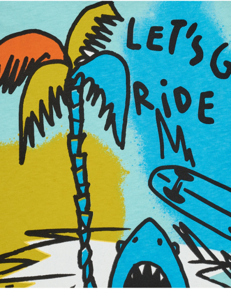 Blue sleeveless T-shirt for boys with palm trees and shark