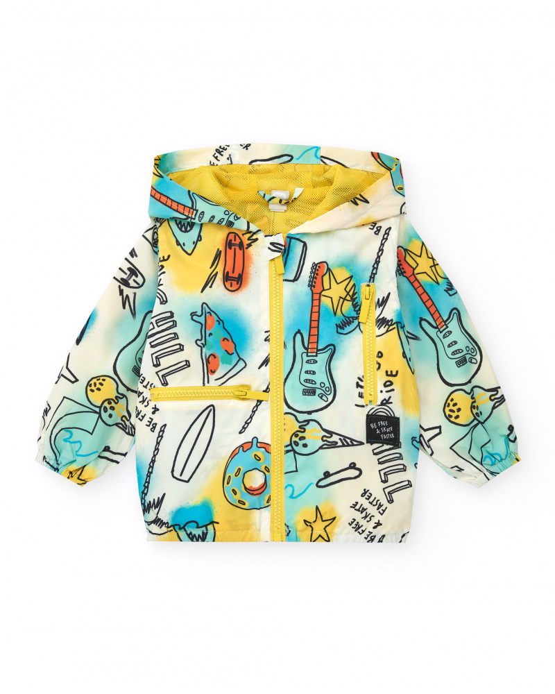 Yellow windbreaker for boys with guitars and skate print