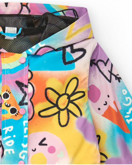 Pink windbreaker for girls with floral and lightning print