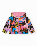 Black jacket for girls with multicolor print and front zipper