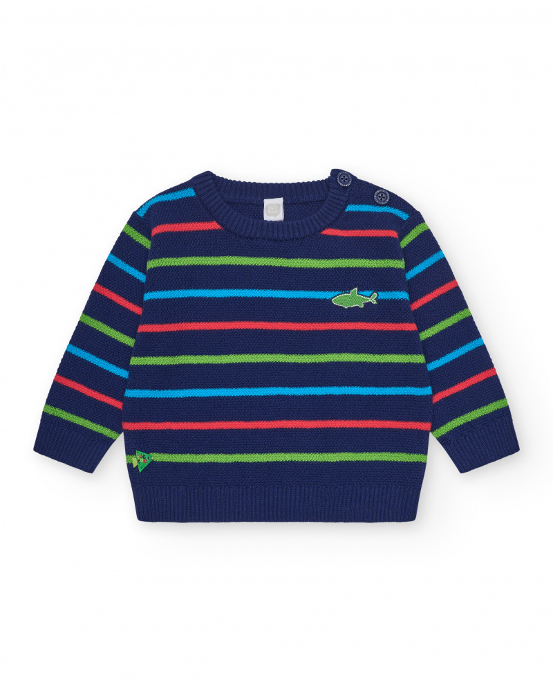 Navy blue sweater for boys with stripes and embroidered shark