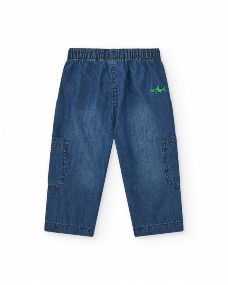 Blue denim cargo pants for boys with green details