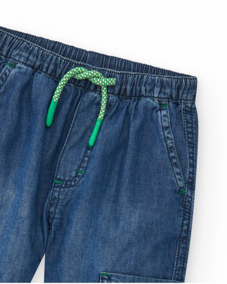 Blue denim cargo pants for boys with green details