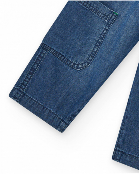 Blue denim cargo pants for boys with green details