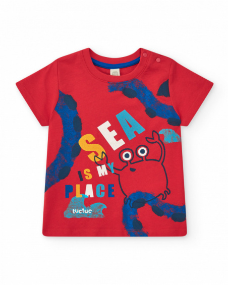 Red knitted T-shirt for boys with crab print