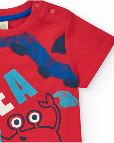 Red knitted T-shirt for boys with crab print