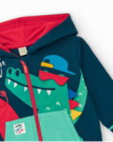 Navy blue fleece jacket for boys with red hood and crocodile print