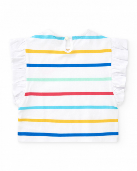 White T-shirt for girls with multicolor stripes and ruffles