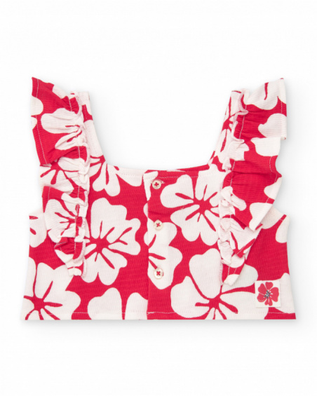 Outfit for girls with ruffled T-shirt and red and white floral shorts