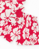 Outfit for girls with ruffled T-shirt and red and white floral shorts