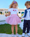 Pink tulle skirt for girls with heart-patterned waistband