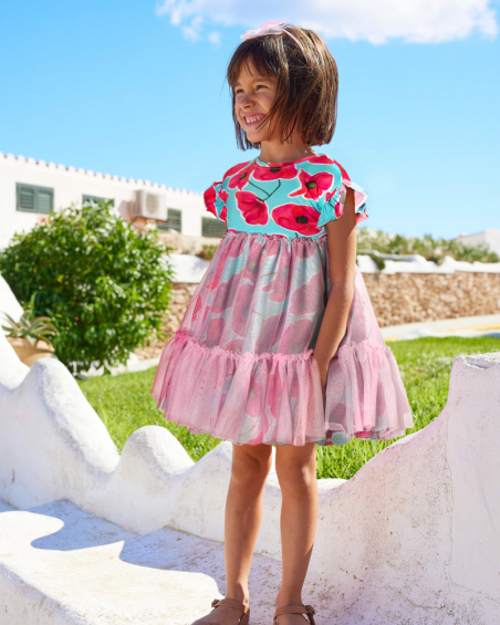 Blue floral dress for girls with tulle skirt