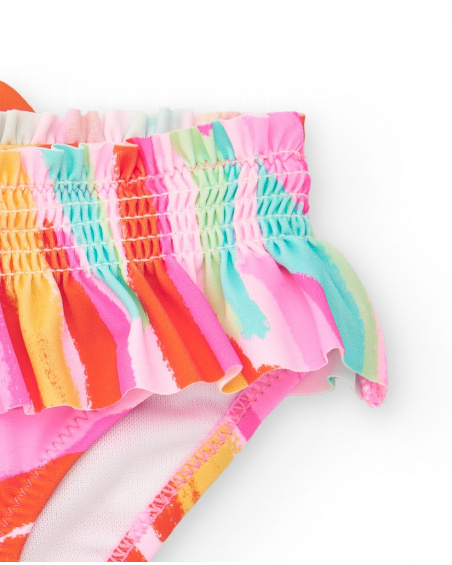 Pink swim slip for girls with multicolor print and ruffles
