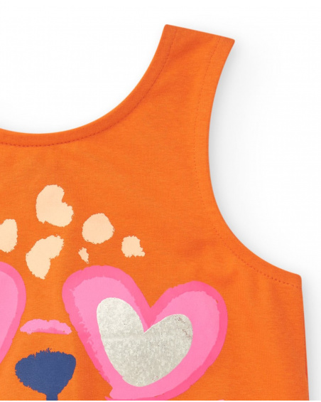 Sleeveless orange T-shirt for girls with cat face and metallic details