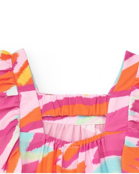Pink poplin dress for girls with multicolor print and ruffles
