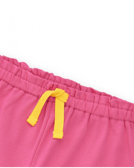 Pink shorts for girls with yellow drawstring and patch