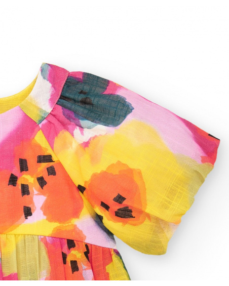 Lilac flat dress for girls with yellow and pink flowers and puffed sleeves