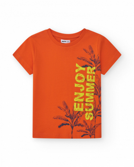 Orange boys' T-shirt with leaf print.