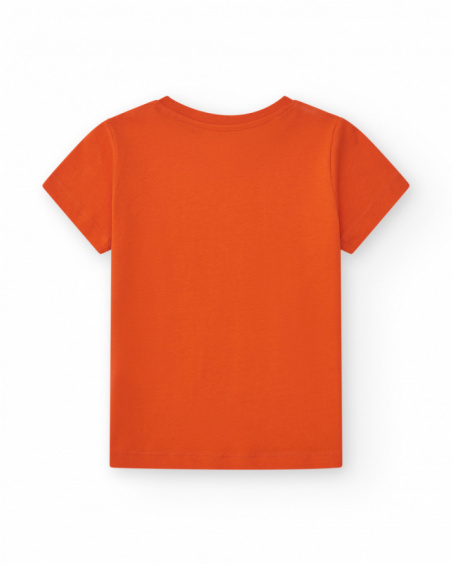 Orange boys' T-shirt with leaf print.