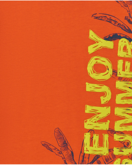 Orange boys' T-shirt with leaf print.
